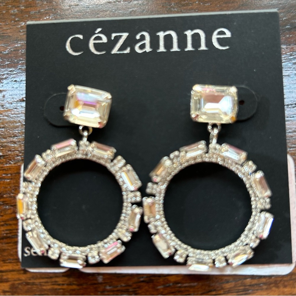 Cezanne CZ Silver Circle Earrings With Emerald Shaped CZs New on Card